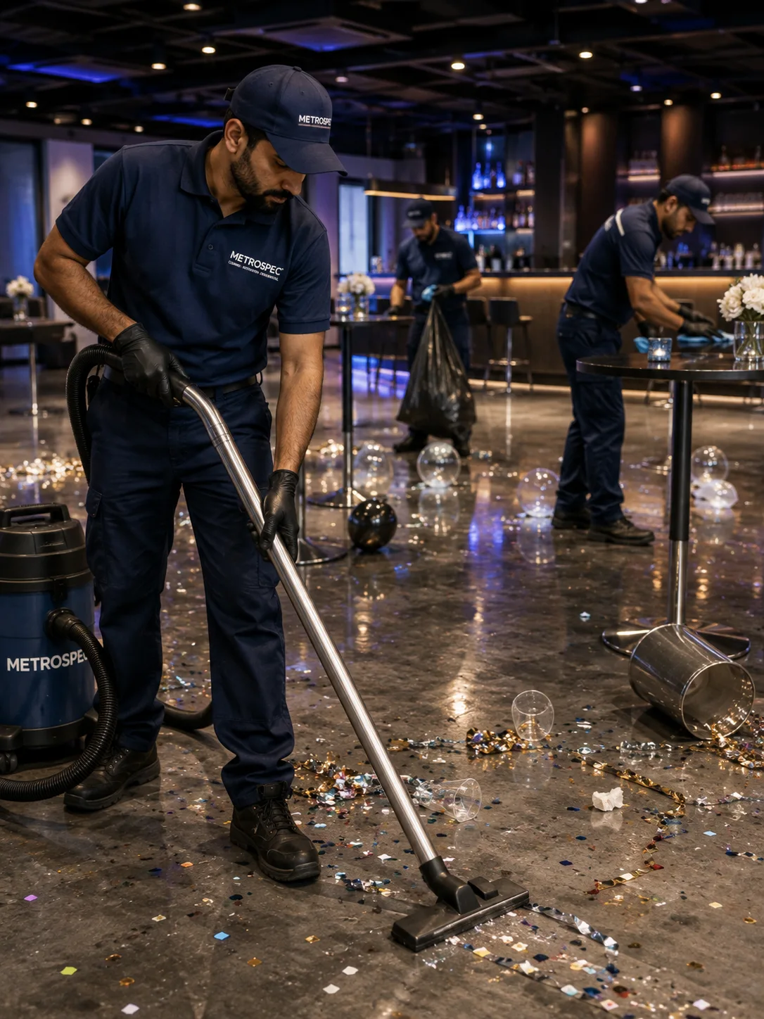 Metrospec after party cleaning technician restoring an event space in Montreal