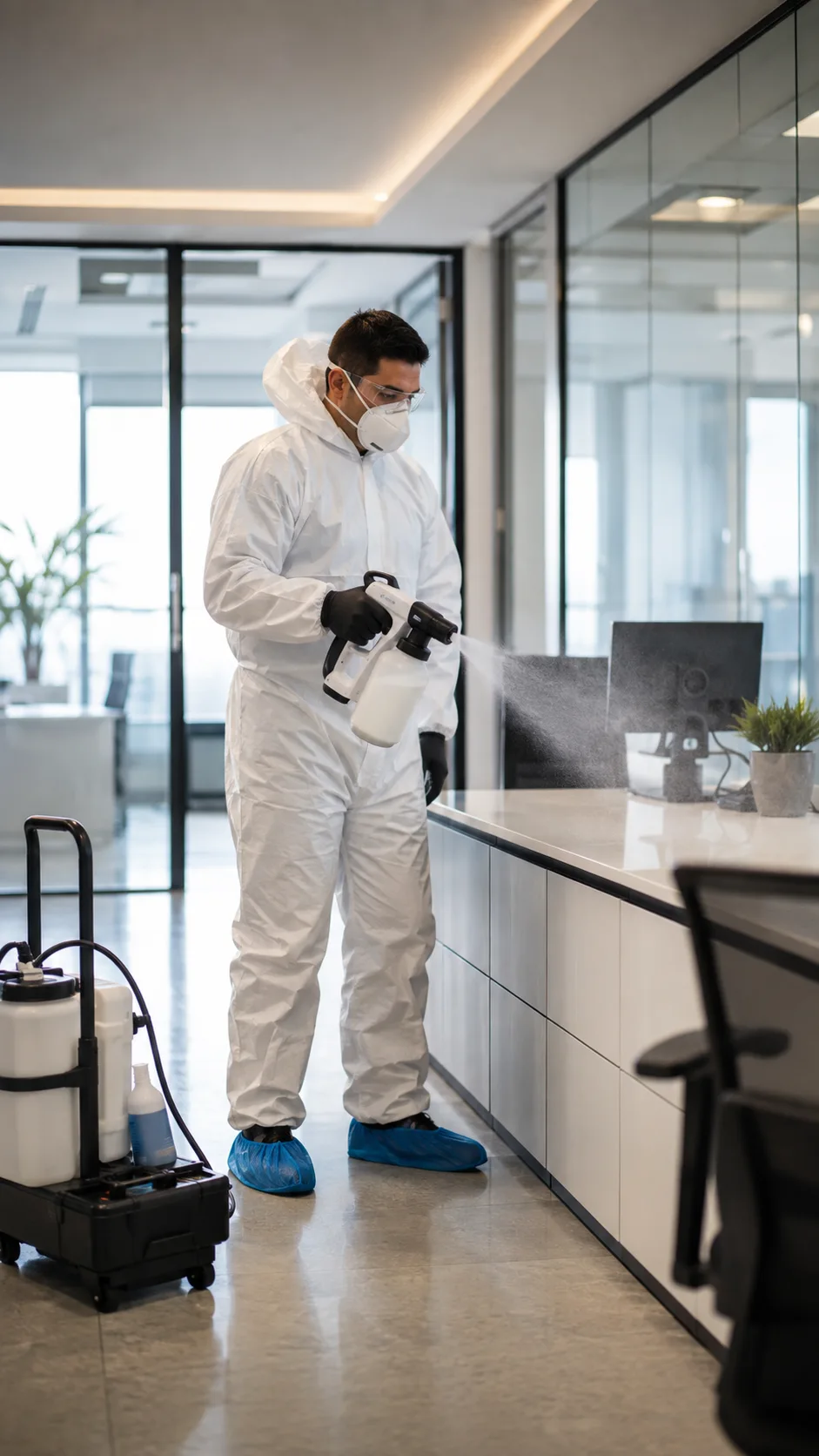 Technicien Metrospec effectuant une désinfection électrostatique à Montréal
