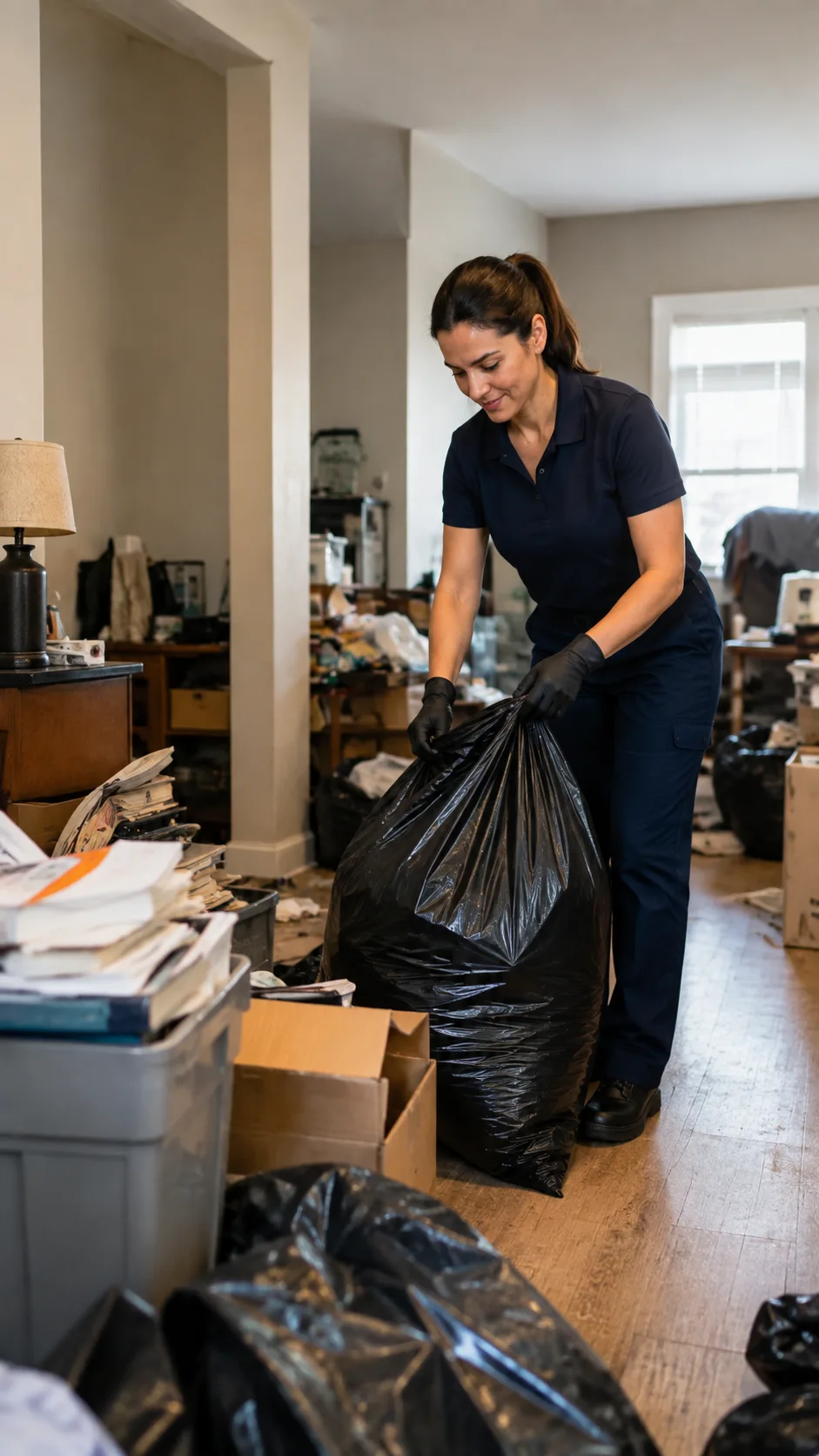 Metrospec hoarding clean-up technician sorting a cluttered space in Montreal