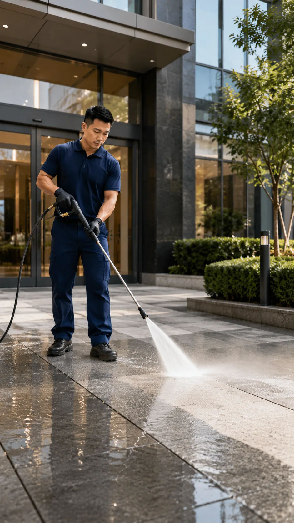 Metrospec high-pressure washing service on a commercial exterior surface