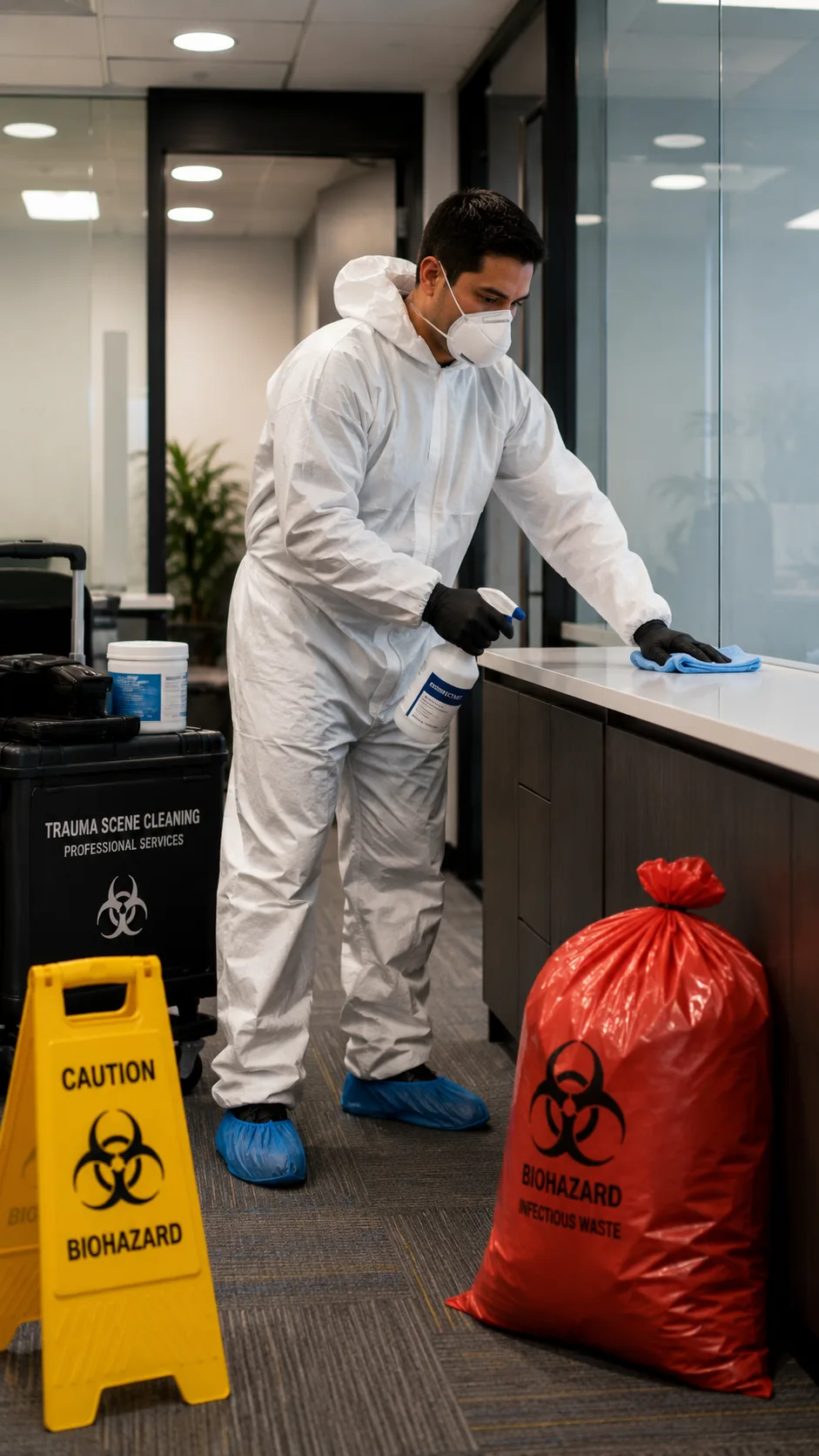 Metrospec trauma scene cleaning technician in protective equipment in Montreal